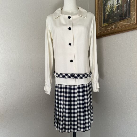 Vintage Dress Two Tones Button Up Plaid Solid Cream Blue Size S - Picture 1 of 16